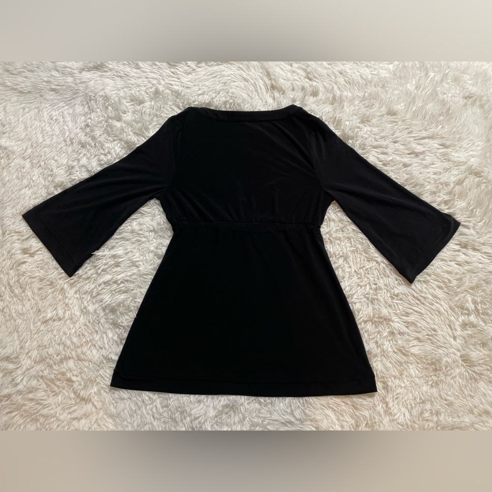 White House Black Market Signature Knit 3/4 Sleeve Black Blouse Tunic Babydoll L - Picture 6 of 9